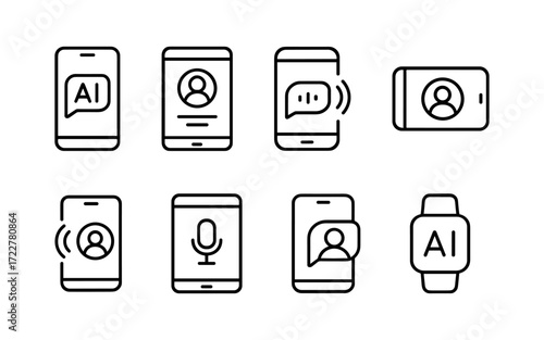 Set of mobile technology and AI icons with smartphone, smartwatch, chat bubble, user profile, voice assistant and video call. Black outline vector illustrations on white background.