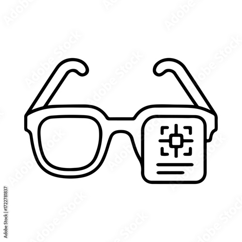 R glasses outline, smart eyewear icon, augmented reality interface, digital display design, intelligent vision symbol, connected AR system