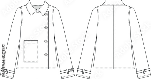 with pocket collared buttoned belted cuff long sleeve loose slouchy jacket coat trenchcoat template technical drawing flat sketch cad mockup fashion woman design style model 
