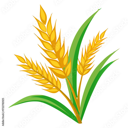 Golden Ripe Rice Panicle with Green Leaves Isolated on Transparent Background – Organic Agriculture and Harvest Concept.