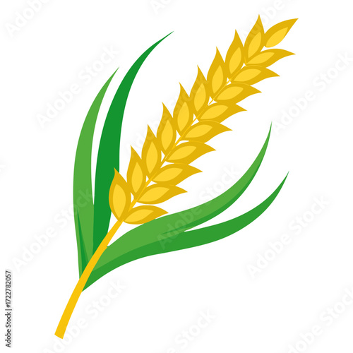 Golden Ripe Rice Panicle with Green Leaves Isolated on Transparent Background – Organic Agriculture and Harvest Concept.