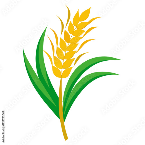 Golden Ripe Rice Panicle with Green Leaves Isolated on Transparent Background – Organic Agriculture and Harvest Concept.