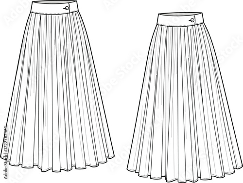 Pleated long skirt technical fashion drawing, front and back view, waistband detail, vector fashion template, elegant skirt illustration