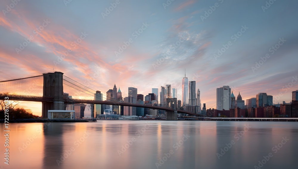 Naklejka premium A panoramic view of the New York City skyline with the Brooklyn Bridge and its reflection during sunrise