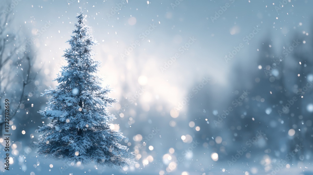 Naklejka premium Snowy christmas tree with background of forest and falling snow