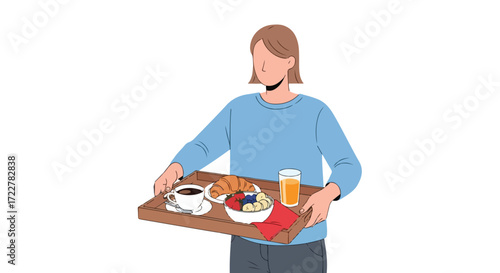 A woman elegantly balances a breakfast tray brimming with morning delights for relaxed weekend lifestyle portraying serene domestic comfort and