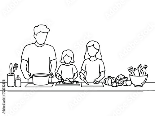 Family cooking together in the kitchen sketch