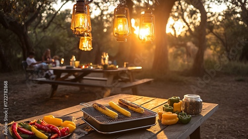 Portable tabletop grill on a campground picnic table with grilled corn and peppers lanterns hanging above and campers enjoying dinner in the glow of a setting sun