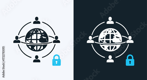 Global network security icon with people and lock symbolizing secure worldwide connections