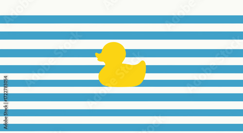 A bright yellow rubber duck floating serenely on a background of alternating blue and white horizontal stripes, a playful and clean design.