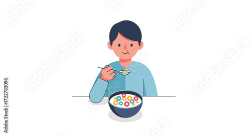 A charming vector illustration of a young individual savoring a delightful bowl of colorful cereal for breakfast or a midday snack break