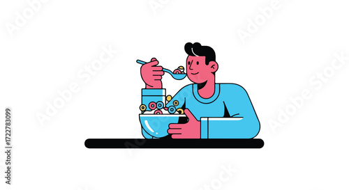 Illustrated man enjoying a colorful cereal breakfast with retro aesthetic on clean white background