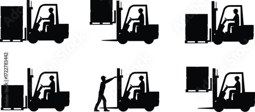 silhouette forklift operators lifting pallets, loading boxes, and handling warehouse cargo, industrial logistics and transportation illustration for storage, delivery, and supply chain design