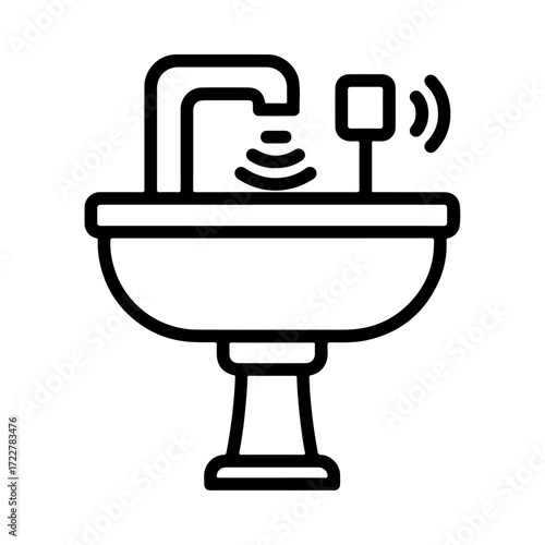 Smart sink outline, water sensor icon, intelligent monitoring interface, automated tracking design, AI conservation symbol, digital plumbing system