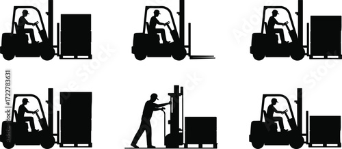 silhouette forklift operator driving and loading pallets with warehouse cargo, industrial logistics and transportation illustration for storage, delivery, supply chain, and material handling design