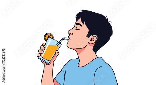 Illustrated depiction of a young person enjoying a refreshing glass of orange juice on a bright and sunny day, perfect for health product promotions