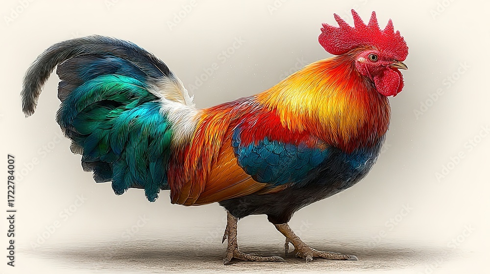 Fototapeta premium Colorful rooster with red comb and vibrant feathers stands against a neutral background.