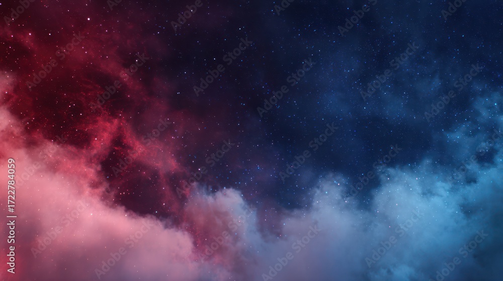 Fototapeta premium Colorful cosmic nebula and starry expanse fading into soft white clouds below