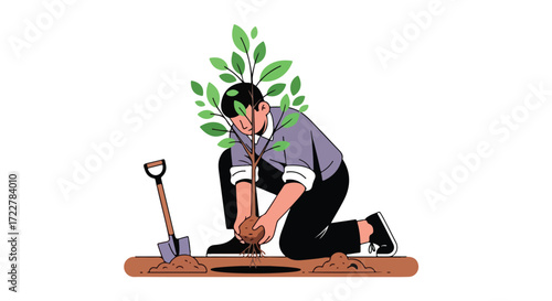 Illustration of a young man planting a sapling, embodying environmental consciousness and sustainable living practices contributing to a greener