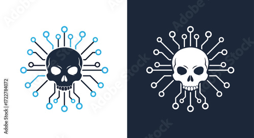 Cyberpunk skull emblem with circuitry and glowing eyes icon for digital security and tech themes