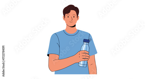 Illustration of a Hydrated Young Man Holding a Reusable Water Bottle on a White Background Promoting Wellness and a Sustainable Lifestyle