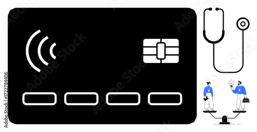 Credit card, stethoscope, and figures balancing scales symbolize technology, health, and equality. Ideal for finance, medicine, career wellness digital services equity minimalism. Simple flat