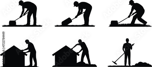 silhouette workers rolling lawn grass, raking yard, and maintaining house exterior, outdoor gardening and landscaping illustration for residential home maintenance and garden care design