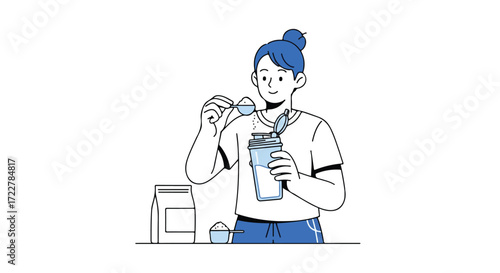 A girl is preparing a protein shake, illustration of a woman adding protein powder to a shaker bottle, health and fitness supplement concept