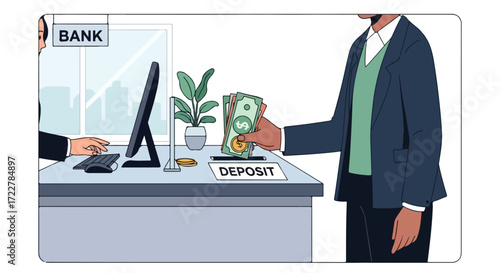 Illustration depicting a customer depositing cash at a bank teller window in a modern and minimalist cartoon style scene