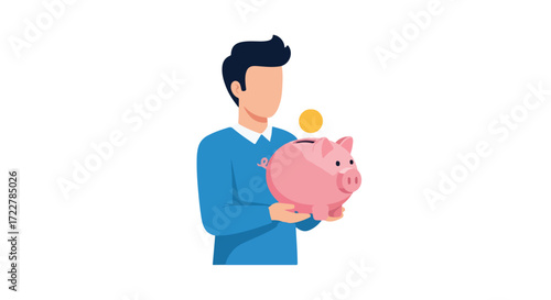 A man is holding a pink piggy bank as a gold coin hovers above the slot, representing saving money and accumulating wealth for the future with
