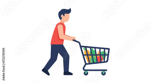 Illustration depicting a person with a shopping cart filled with groceries promoting healthy choices and lifestyle habits