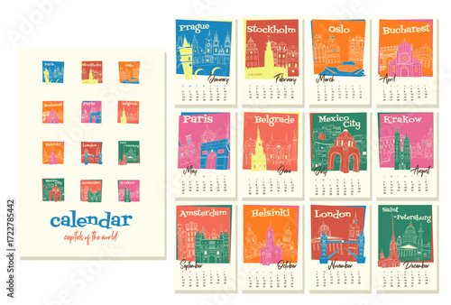 Colorful retro calendar with world capitals in mid-century modern flat style illustration. Each month features a famous city landmark with bold minimal shapes and vibrant palette. Perfect for wall art