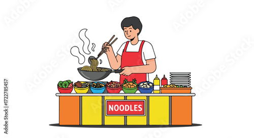 Cartoon illustration of a street food vendor preparing and serving noodles with a variety of toppings for quick service dining experience