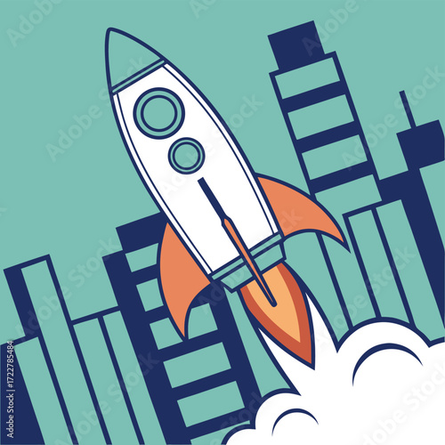 Vector art of a cartoon rocket ship blasting off into the sky with a city skyline in the background
