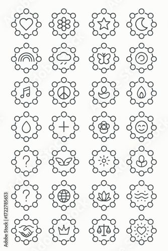 Diverse set of minimalist icons featuring symbols for nature, emotions, spirituality, and social concepts, designed with a unified network-style border