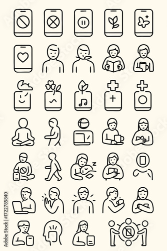 Collection of outline icons depicting digital wellness, modern lifestyle, mental health, and technology habits