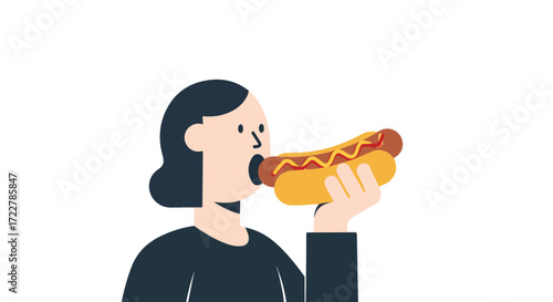 Minimalistic flat vector illustration of a woman devouring a tasty hot dog with mustard and ketchup, isolated on a clean white background