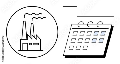 Factory producing smoke in a circle alongside a wall calendar with marked days. Ideal for industry, manufacturing, production scheduling, time management, planning, deadlines, workflow organization