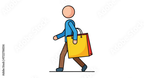 Stylized figure walks with a shopping bag representing consumerism and retail activity drawing attention to shopping habits and lifestyle choices