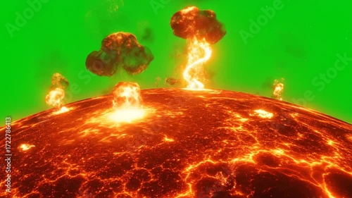 Realistic burning sun with solar flares on green screen. 3D render, chroma key ready for VFX, motion graphics, space scenes, sci-fi visuals, and cinematic overlays.