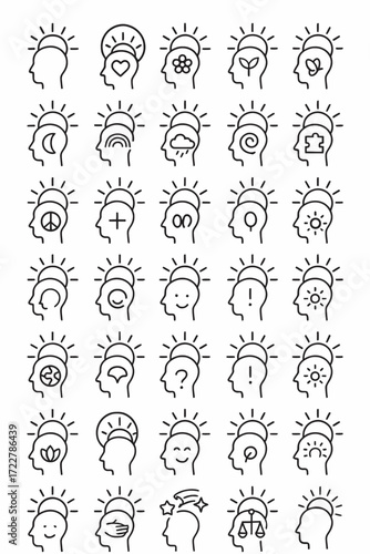 Conceptual representations of human thoughts, ideas, and emotions depicted as stylized head outlines with symbolic elements within