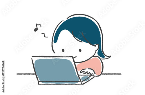 手描き　順調にノートパソコンで仕事をこなしている女性
