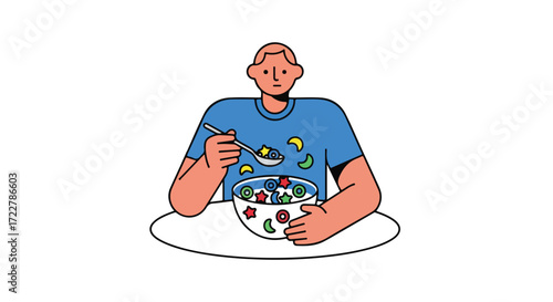 A person with a bowl of colorful cereal shapes, enjoying a cheerful and vibrant breakfast scene with a minimalist design illustration