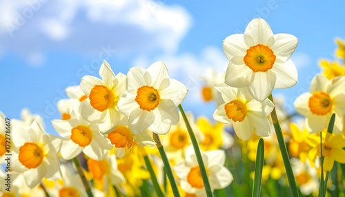 Sunny day, field of white and yellow flowers