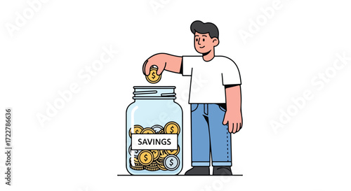 Illustrative representation of a man putting a coin into a savings jar demonstrating financial planning and future investment for prosperity and
