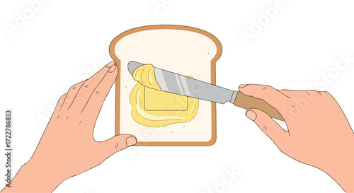Animated illustration showcases a person's hands spreading butter on a slice of bread, depicting a simple breakfast routine at home in the kitchen