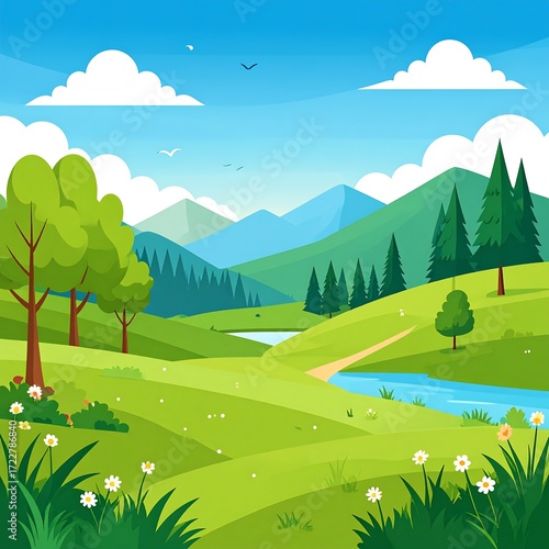 Serene valley landscape, lush greenery, meandering river