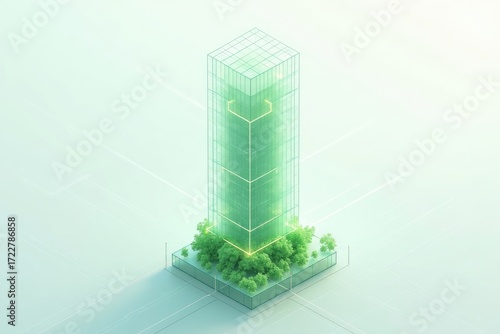 A transparent building with green foliage at the base on a light background in a minimalist style