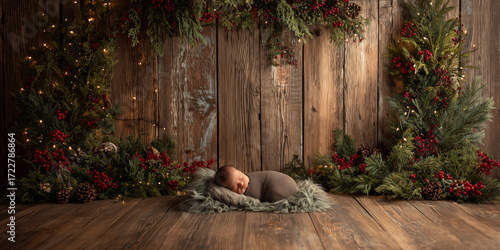 Holiday newborn photography backdrop with rustic wooden floor and wall, pine branches, pinecones, red berries, candy canes, golden fairy lights, cozy studio scene