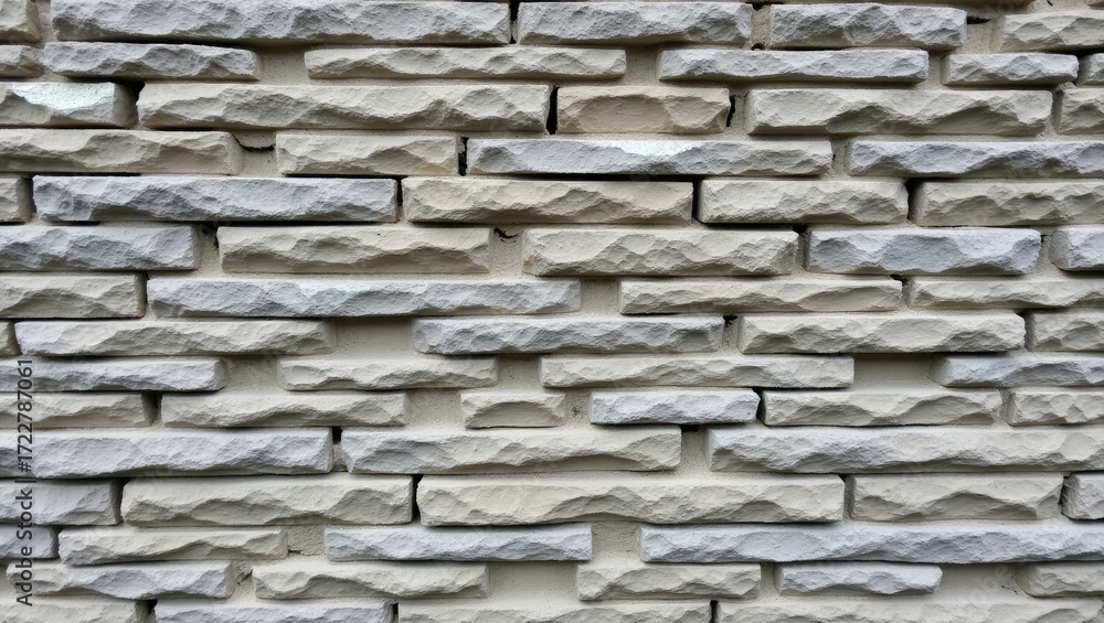 Obraz premium A detailed view of a light gray and beige stone wall, showcasing a uniform and textured pattern of rectangular blocks.
